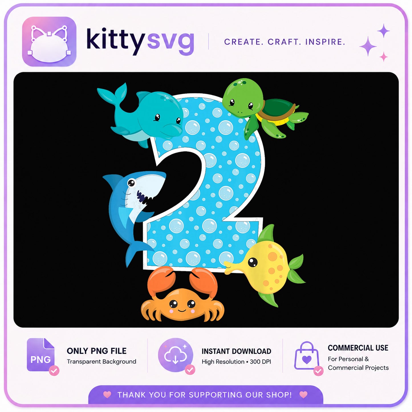 Ocean Animals Number 2 PNG, 2nd Birthday Sea Life PNG, Kids PNG