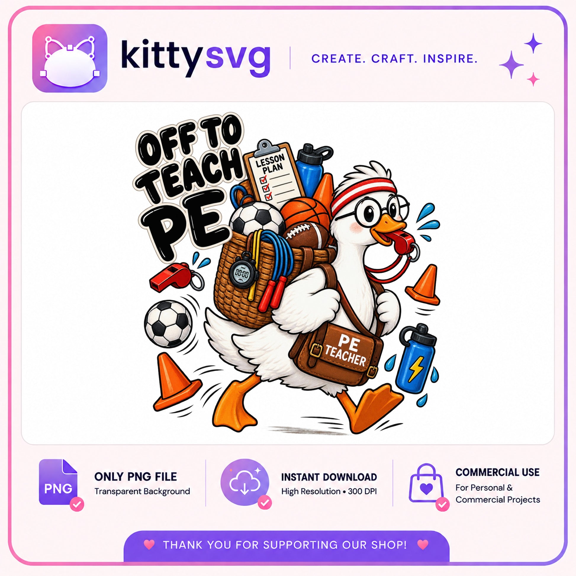 Off To Teach PE Teacher PNG, Funny Duck Teacher PNG, PE PNG
