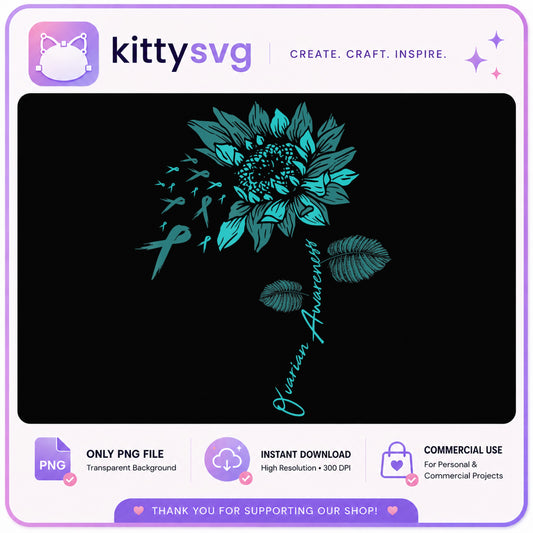 Ovarian Cancer Awareness Sunflower PNG, Teal Ribbon PNG, Cancer Awareness PNG