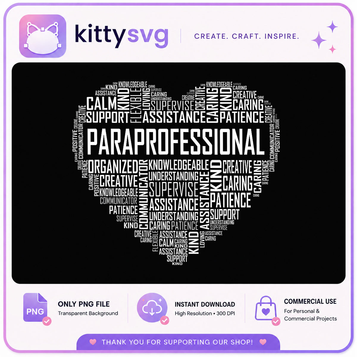 Paraprofessional Heart Word Art PNG, Teacher Aide PNG, Para PNG