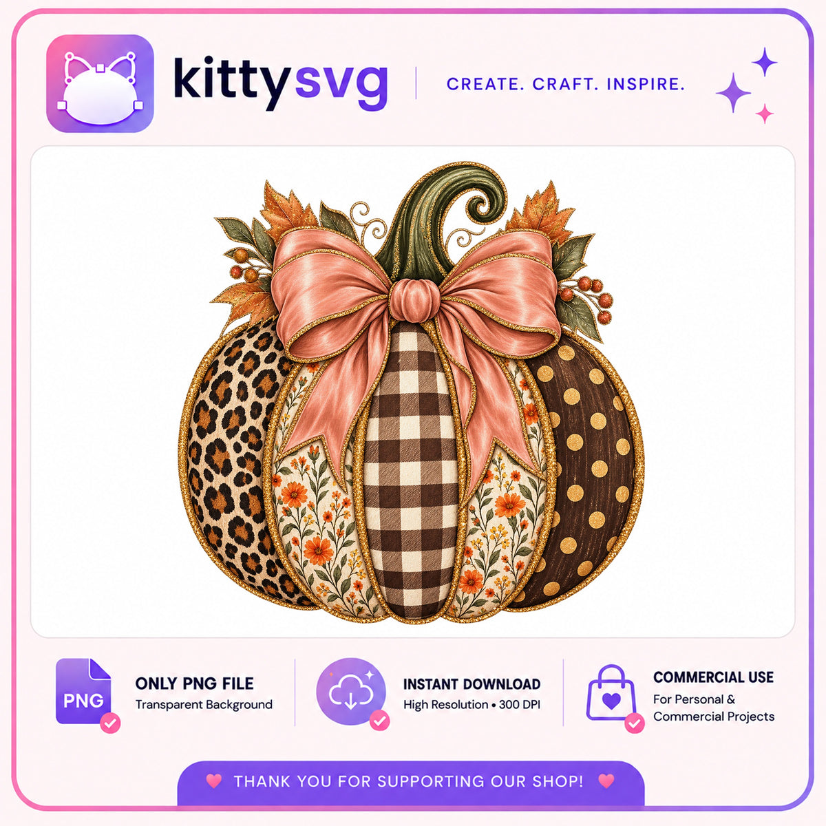 Patchwork Pumpkin PNG, Fall Leopard Plaid Bow, Halloween PNG
