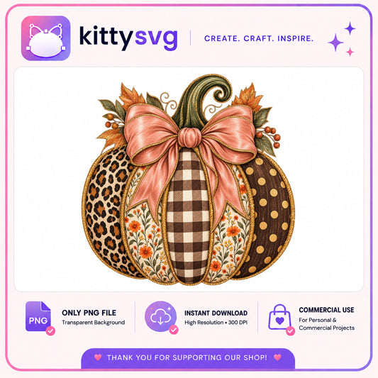 Patchwork Pumpkin PNG, Fall Leopard Plaid Bow, Halloween PNG