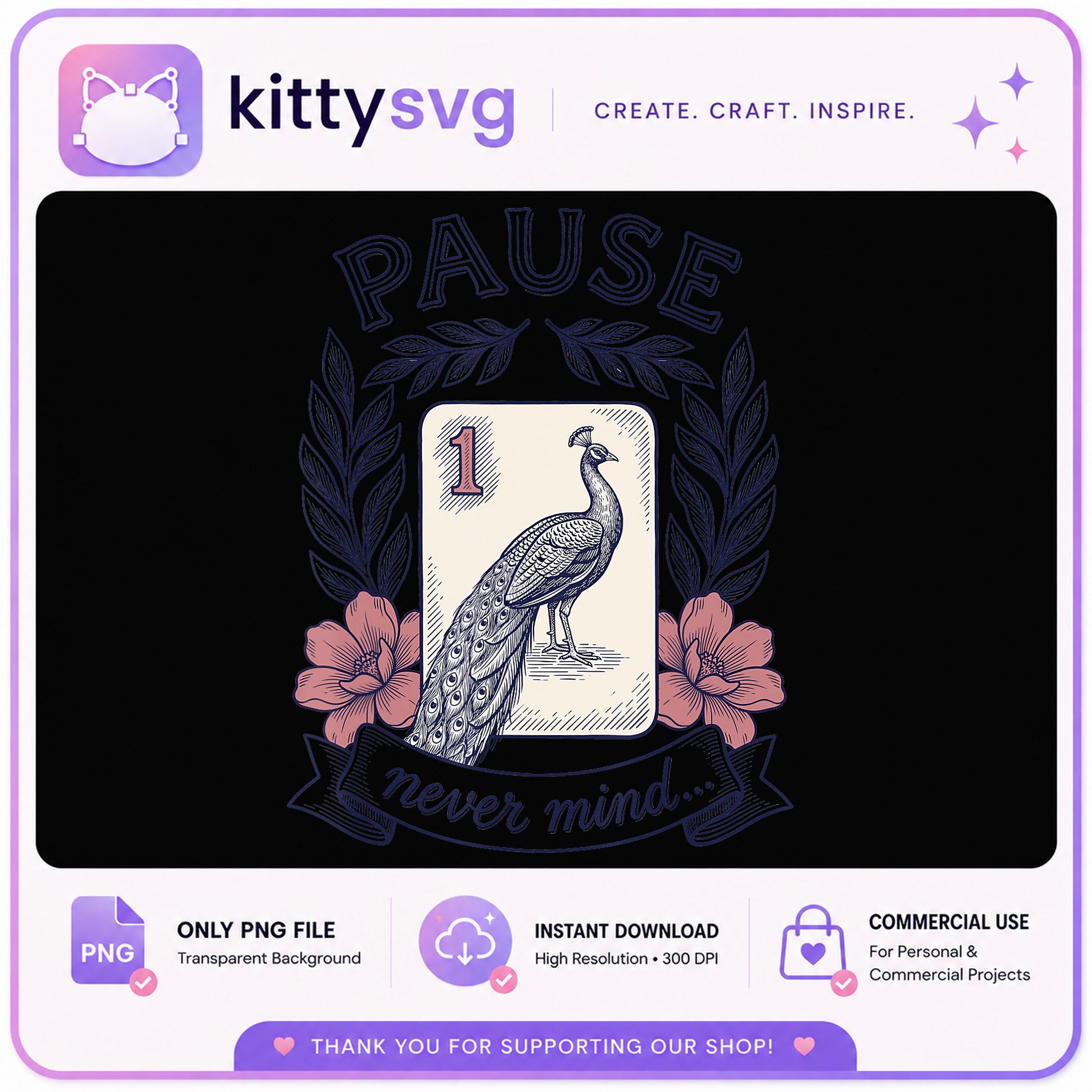 Pause Never Mind Peacock PNG, Funny Vintage Card PNG, Sarcastic Quote PNG