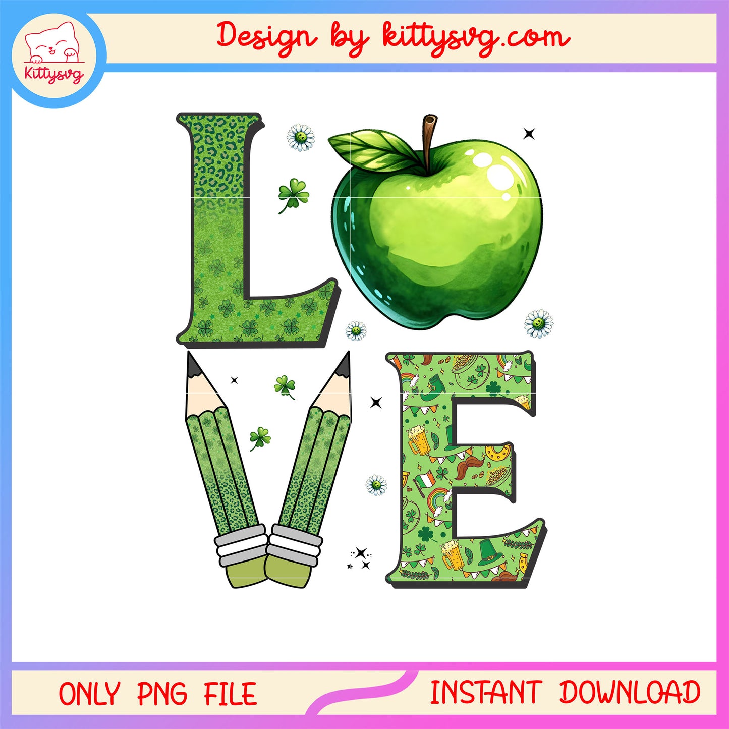 Pencil and apple decoration png, st. patrick's day decor png