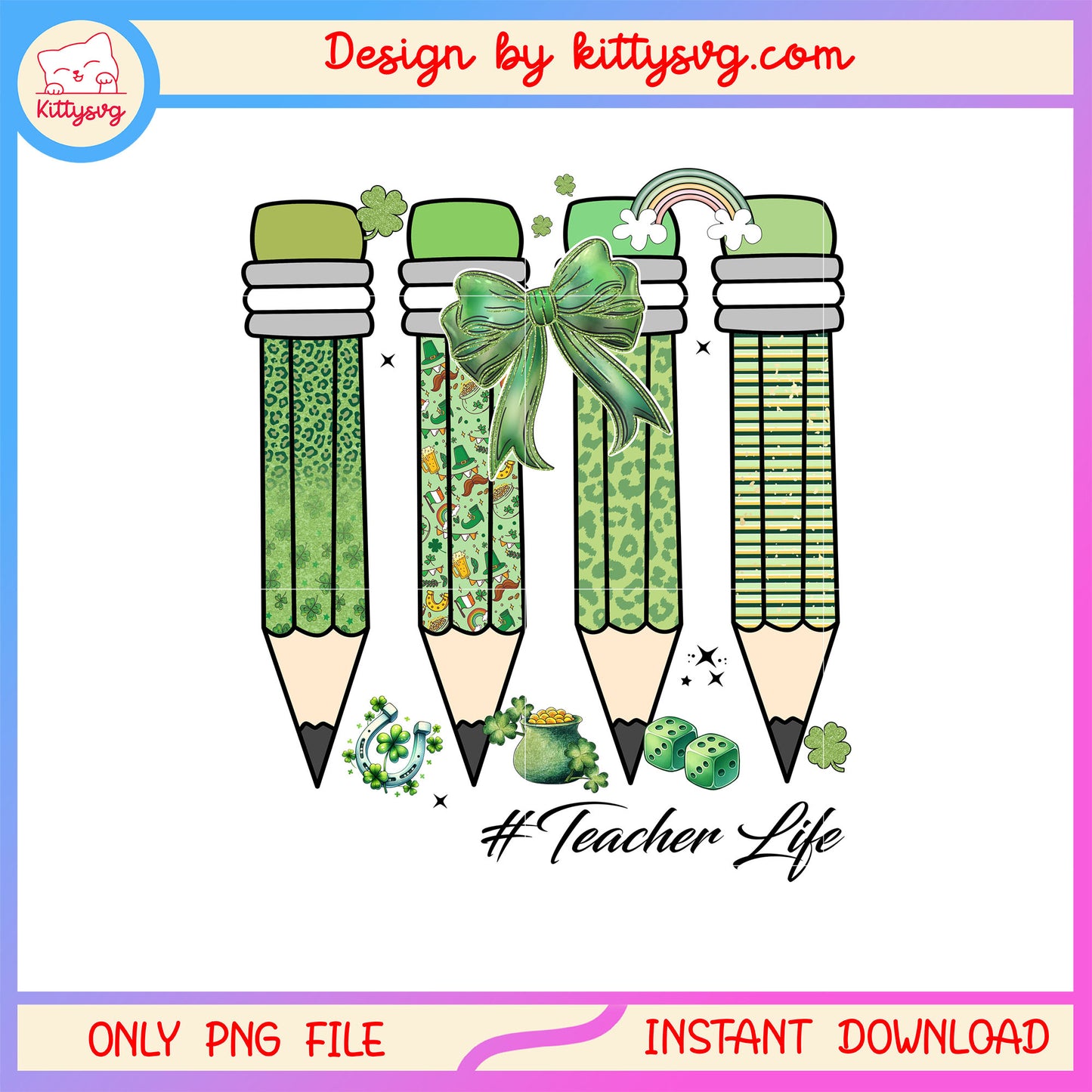 Pencil green bow cute png, st patrick's day pencils png