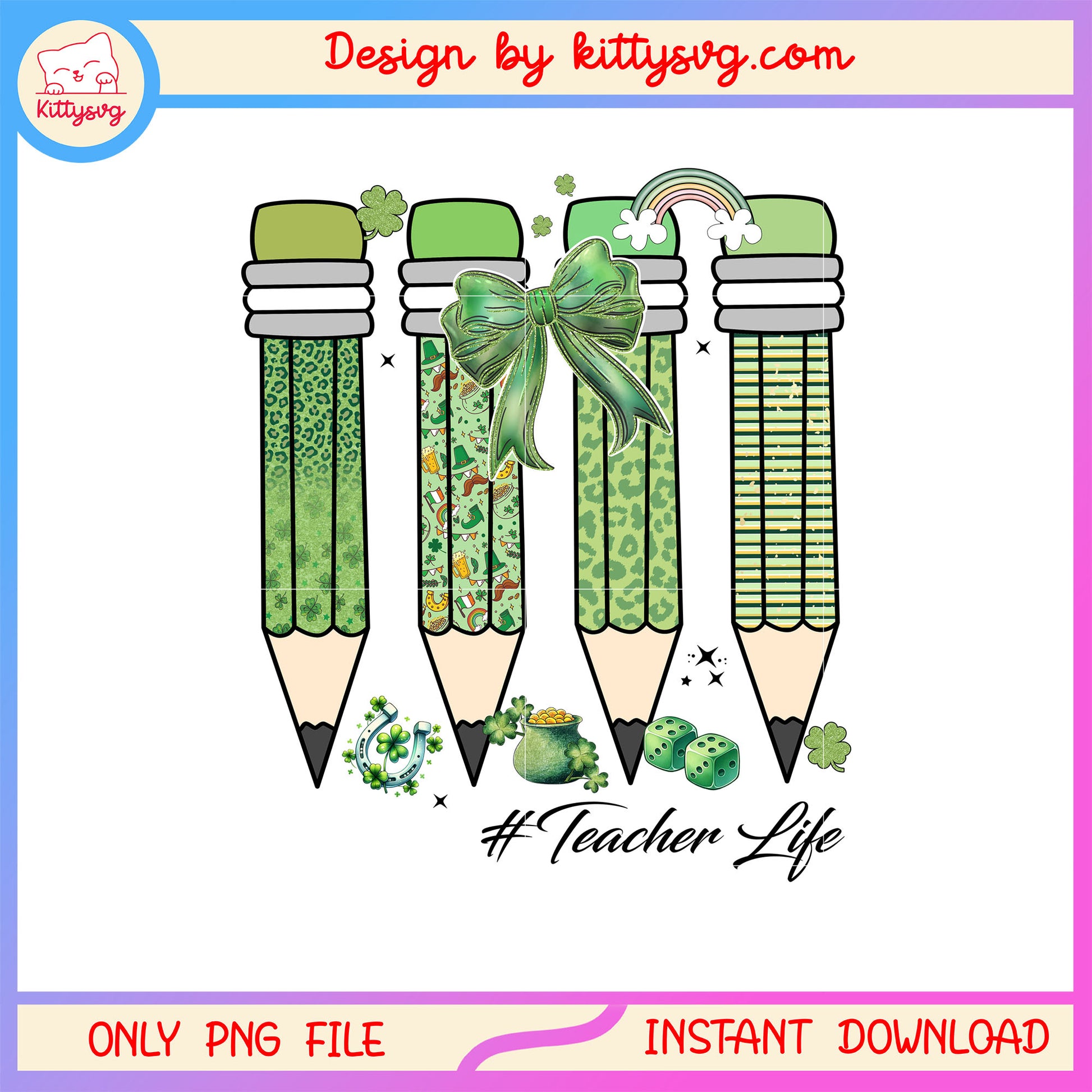Pencil green bow cute png, st patrick's day pencils png
