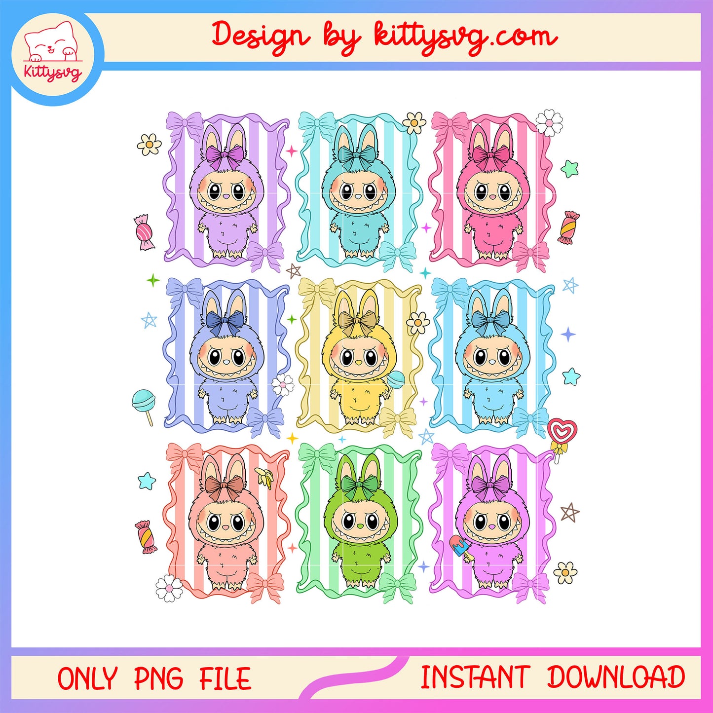 Picture pastel labubu doll coquette bow frame design png, labubu the monsters png