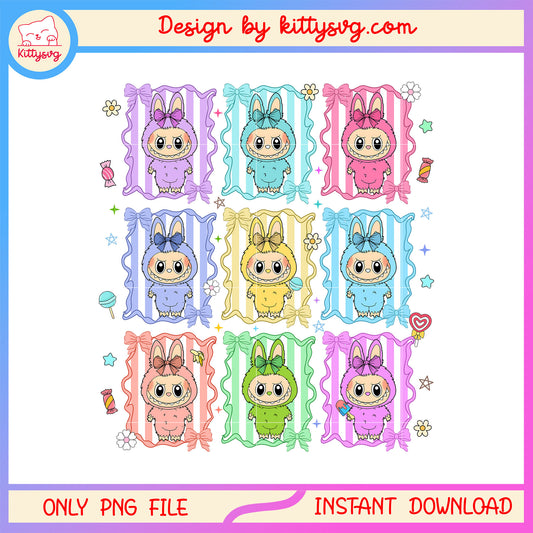 Picture pastel labubu doll coquette bow frame design png, labubu the monsters png