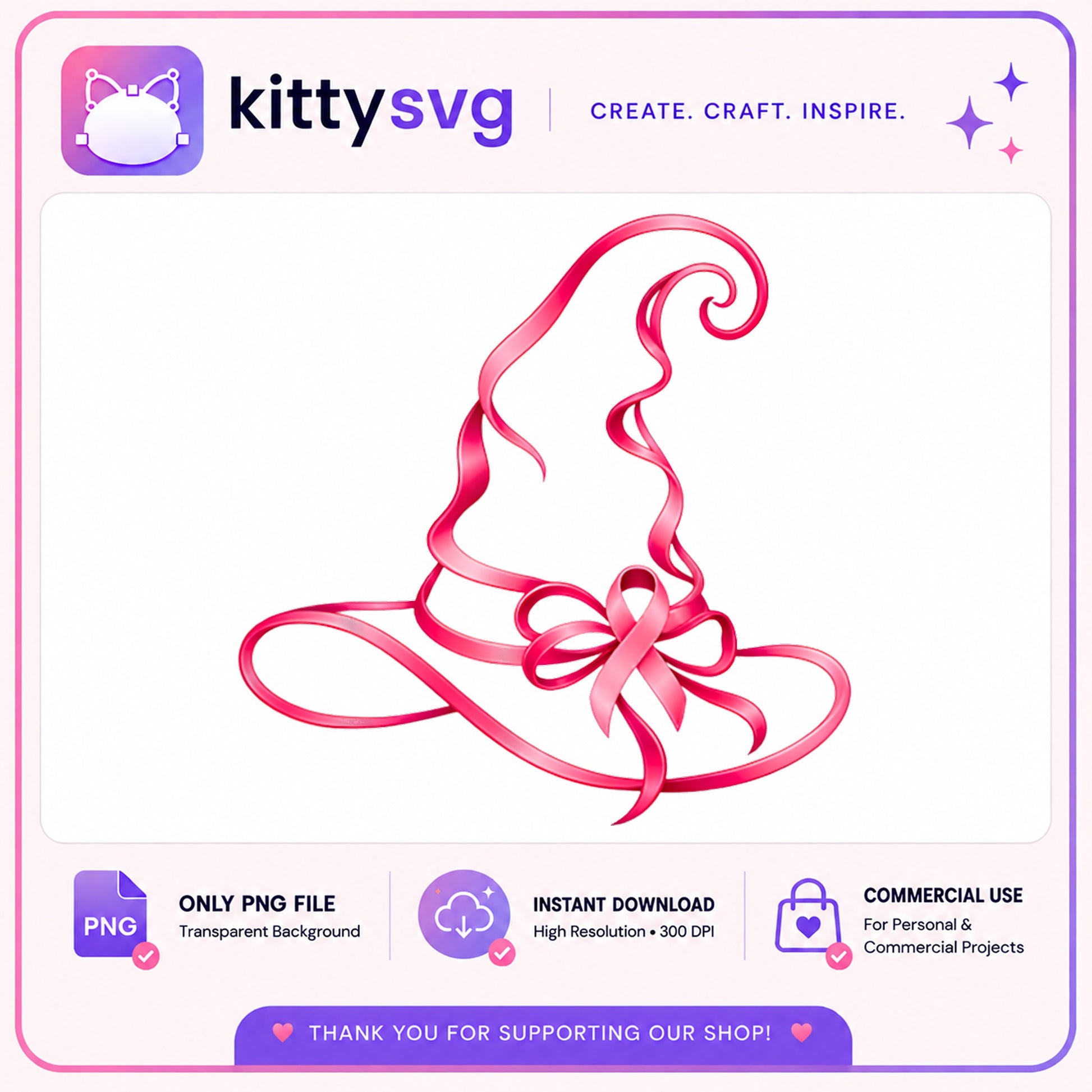 Pink Ribbon Witch Hat PNG, Breast Cancer Halloween PNG, October PNG