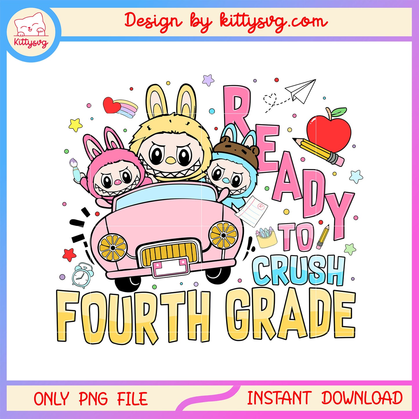 Pink car labubu ready to crush fourth grade png, back to school clipart png