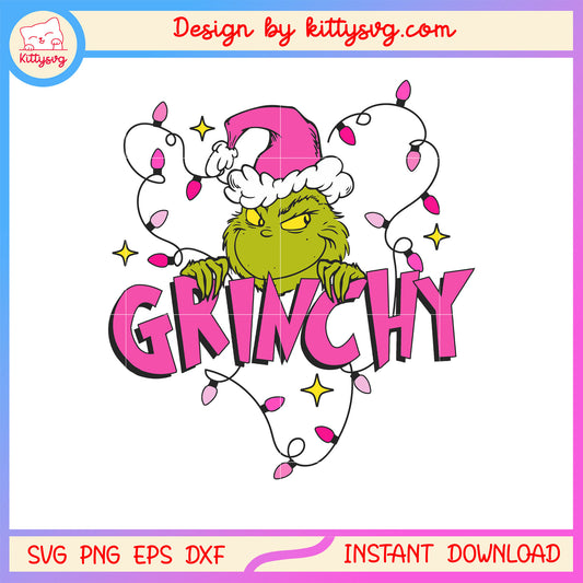 Pink christmas lights grinchy face svg, grinch cartoon svg