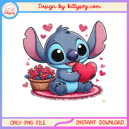 Pink flower valentine stitch png, stitch valentines day​​ png