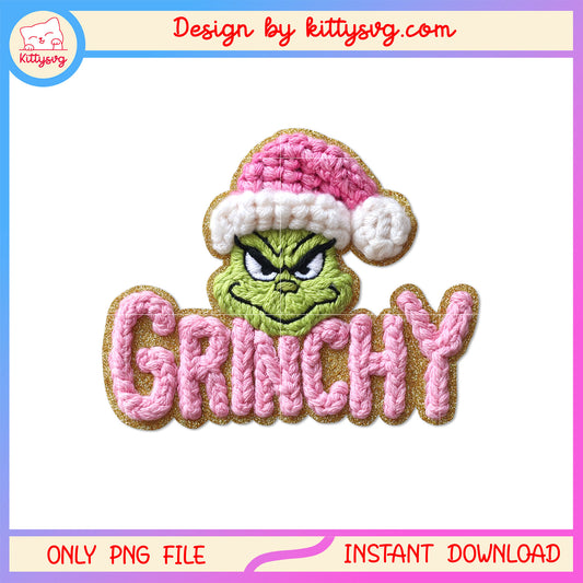 Pink grinchy face christmas hat crochet png, pink christmas png