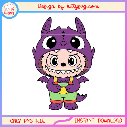 Purple monster baby dragon labubu cute doll png, labubu outfits png