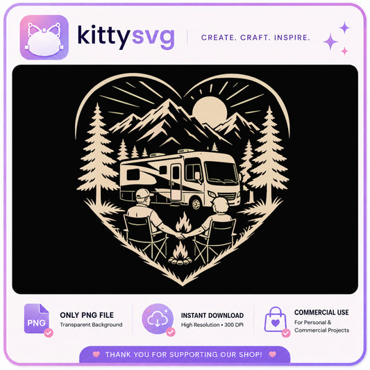 RV Camping Couple Heart PNG, Campfire Mountain Adventure, Camper Life PNG
