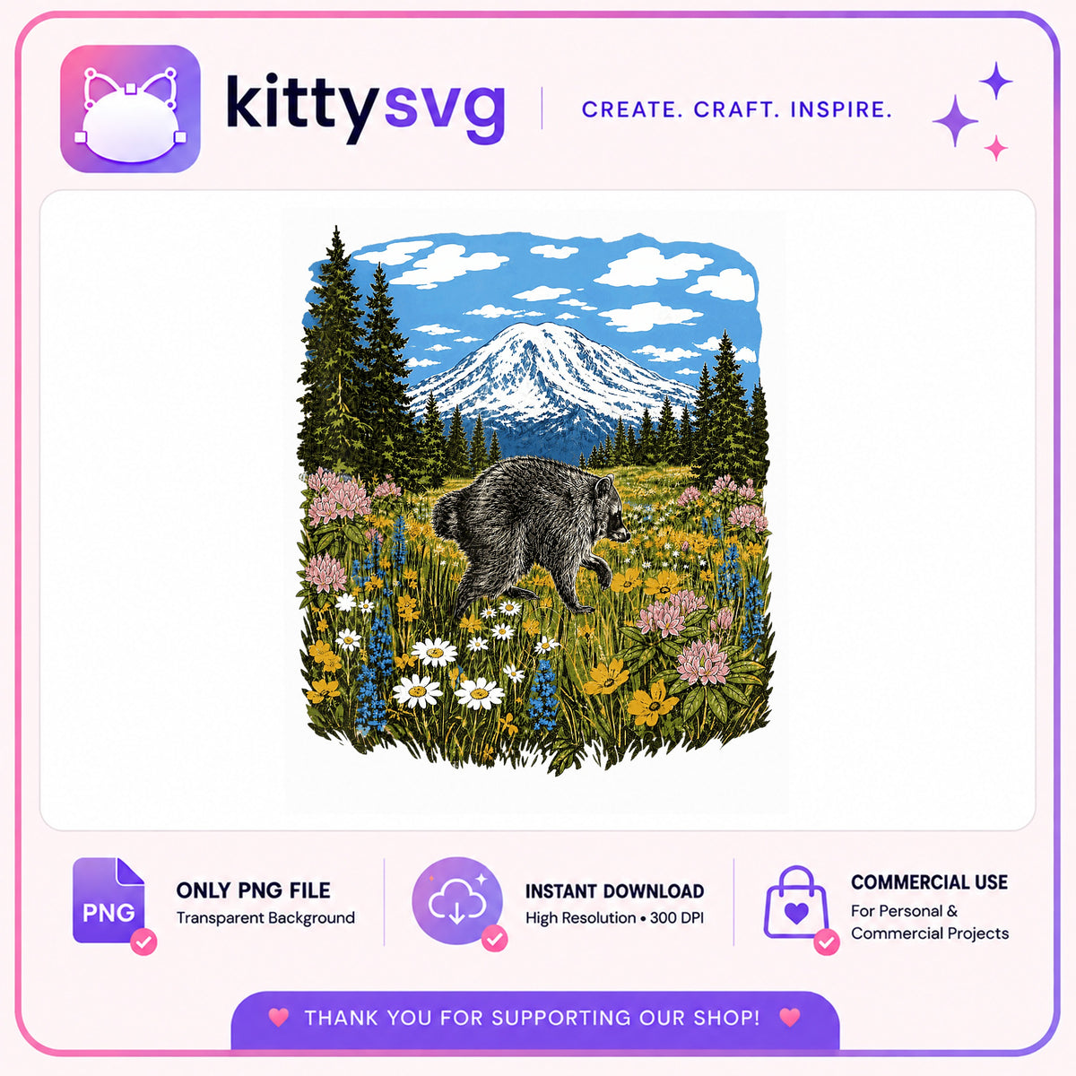 Raccoon Wildflower Mountain PNG, Nature Cottagecore PNG, Forest Animal PNG