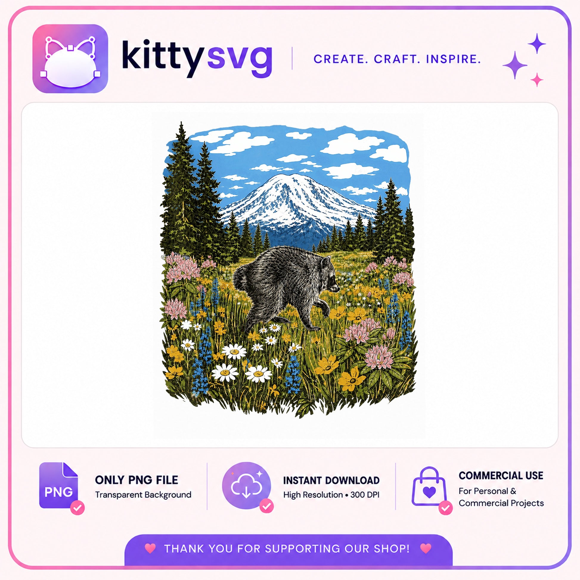 Raccoon Wildflower Mountain PNG, Nature Cottagecore PNG, Forest Animal PNG