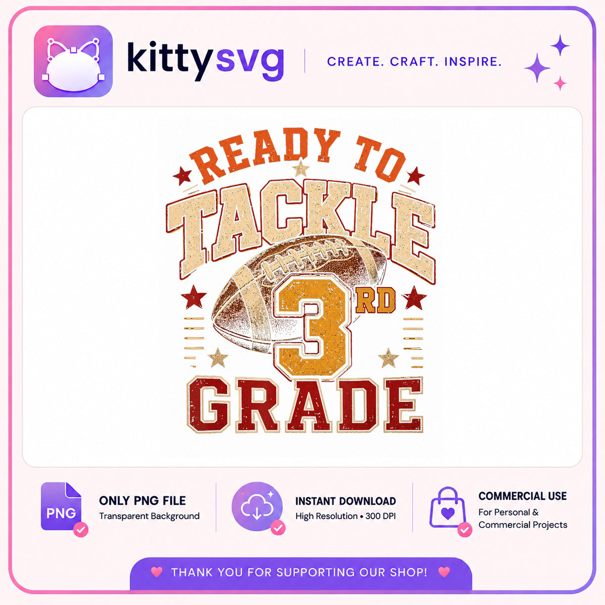 Ready To Tackle 3rd Grade PNG, Football PNG, Back To School PNG