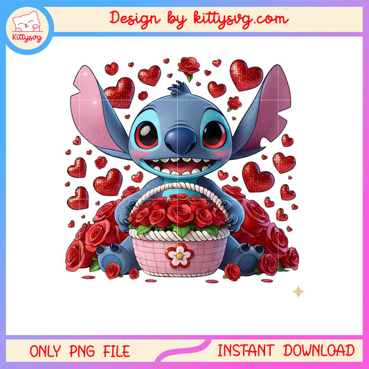 Red rose stitch valentine png, stitch valentines day​​ png