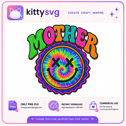 Retro Mother Tie Dye Smiley Face PNG, Groovy Mom PNG, Mother's Day PNG