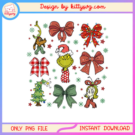 Retro coquette bow grinch characters face xmas png, the grinch png