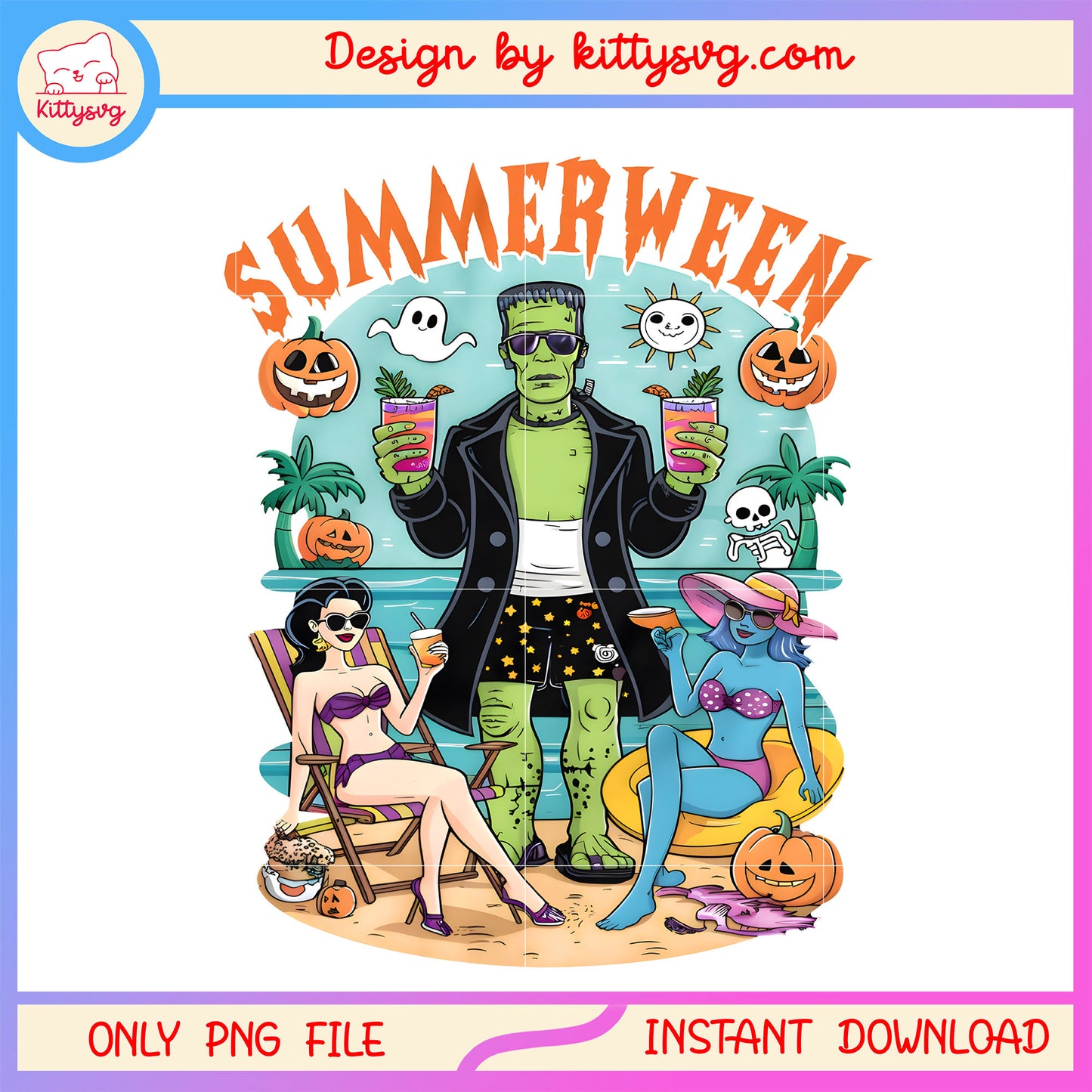 Retro summerween Frankenstein monster png, summer monster png, halloween png