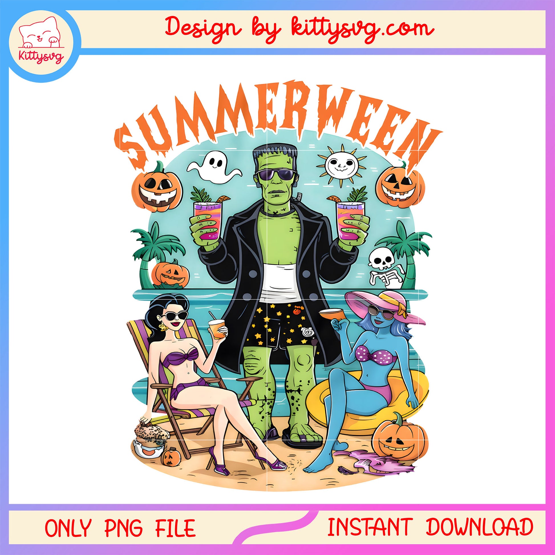 Retro summerween Frankenstein monster png, summer monster png, halloween png
