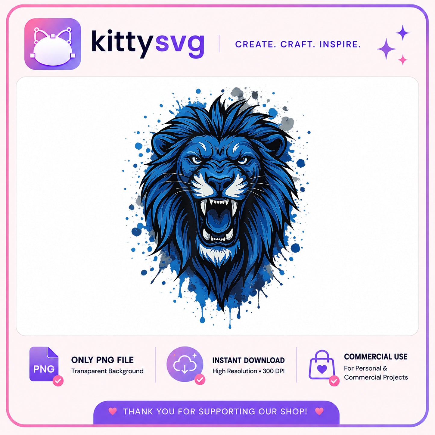 Roaring Lion Head PNG, Blue Watercolor Lion Clipart, Lion PNG