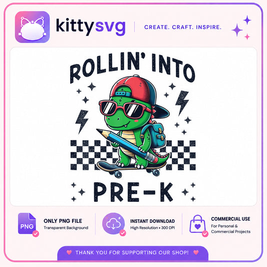 Rollin Into Pre-K Dinosaur PNG, Back To School PNG, Dino PNG