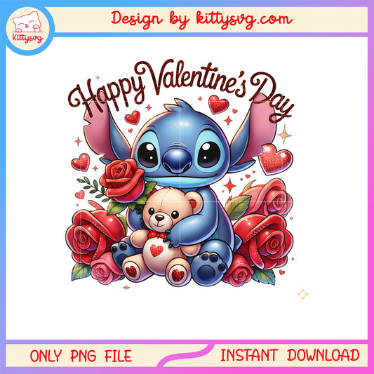 Rose bear stitch valentine png, stitch valentines day​​ png