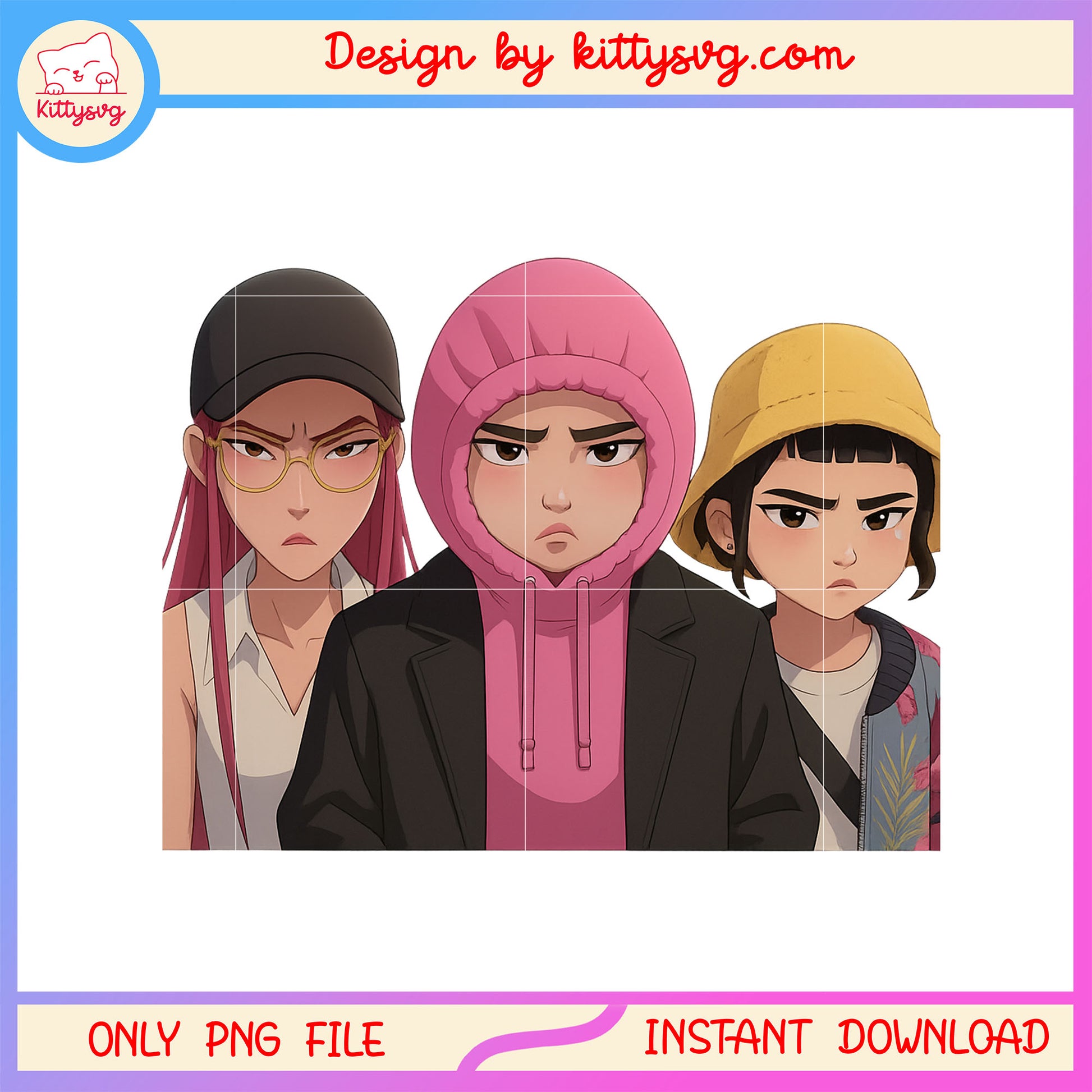 Rumi and friends angry design png, anime korean png, huntrix characters png