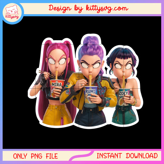 Rumi and friends eating funny png, kpop demon hunters png