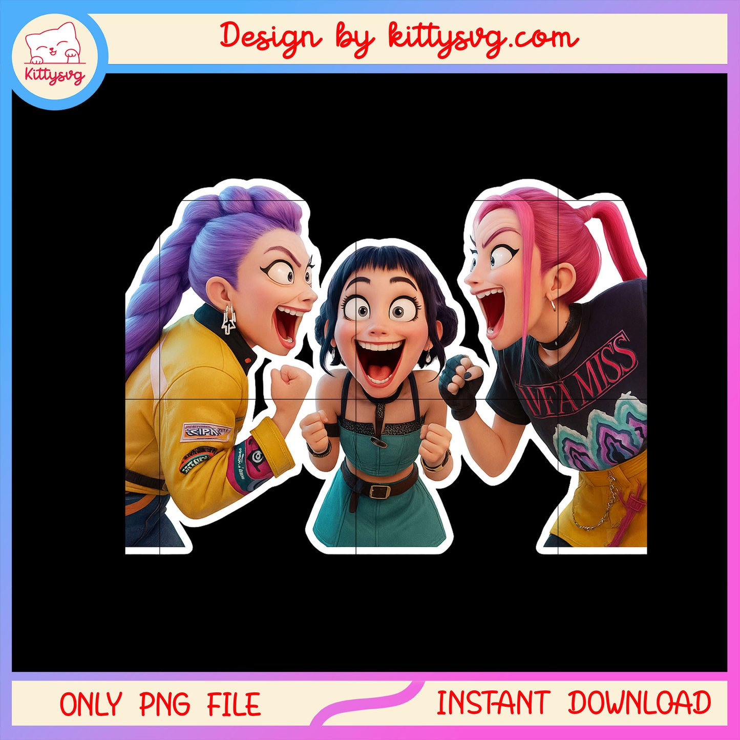 Rumi and friends laugh design png, rumi png, zoey png, mira png