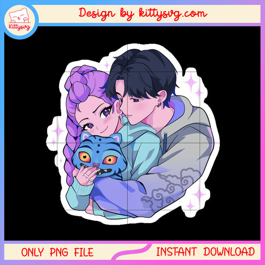 Rumi and jinu kpop couple sticker png, kpop demon hunter  cast png