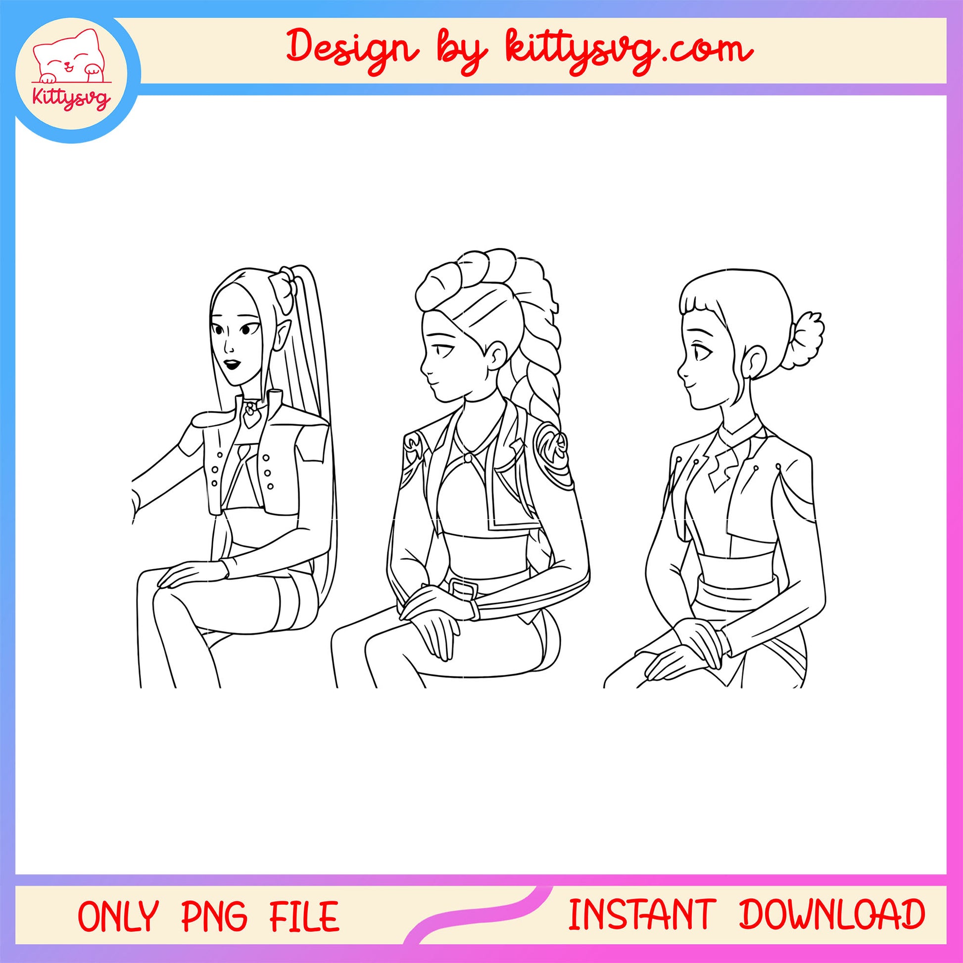 Rumi mira and zoey outline png, huntrix team members png