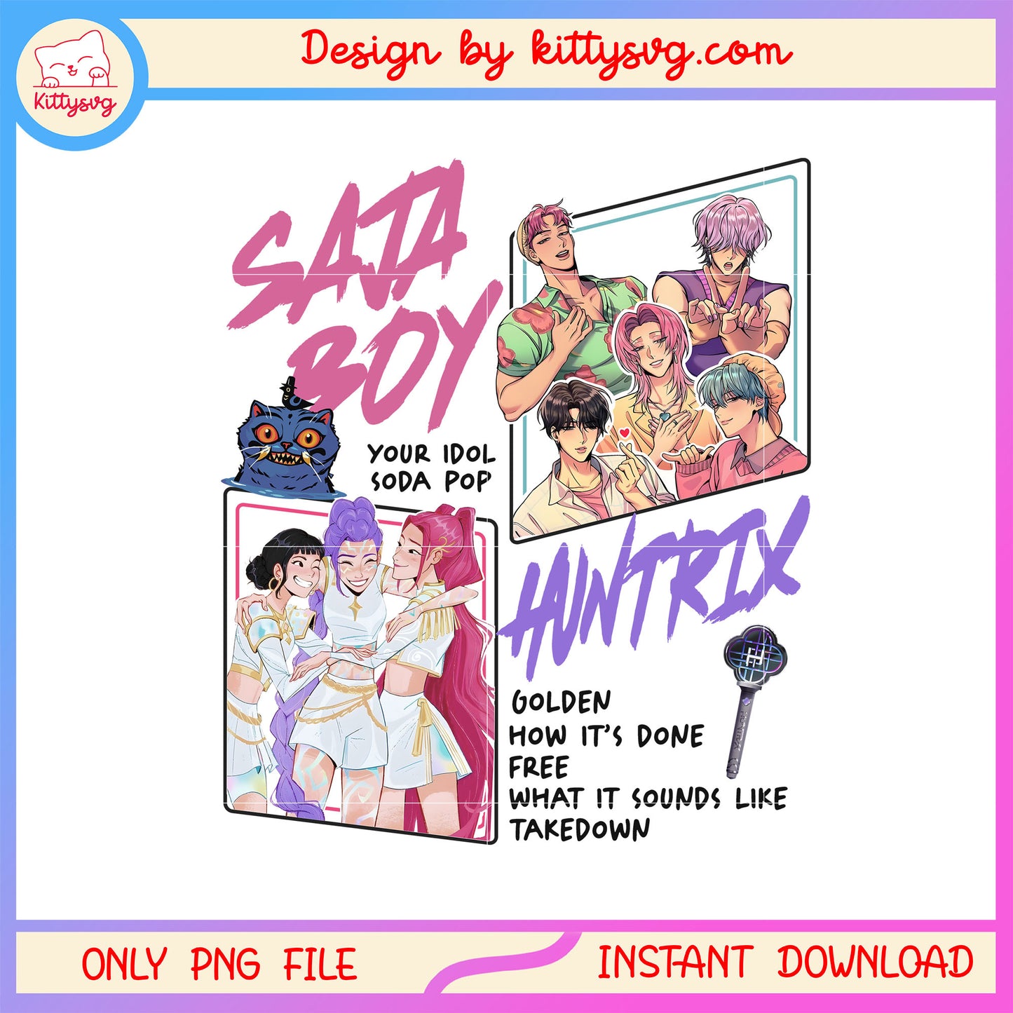 Saja boys and huntrix songs design png, kpop demon hunters png