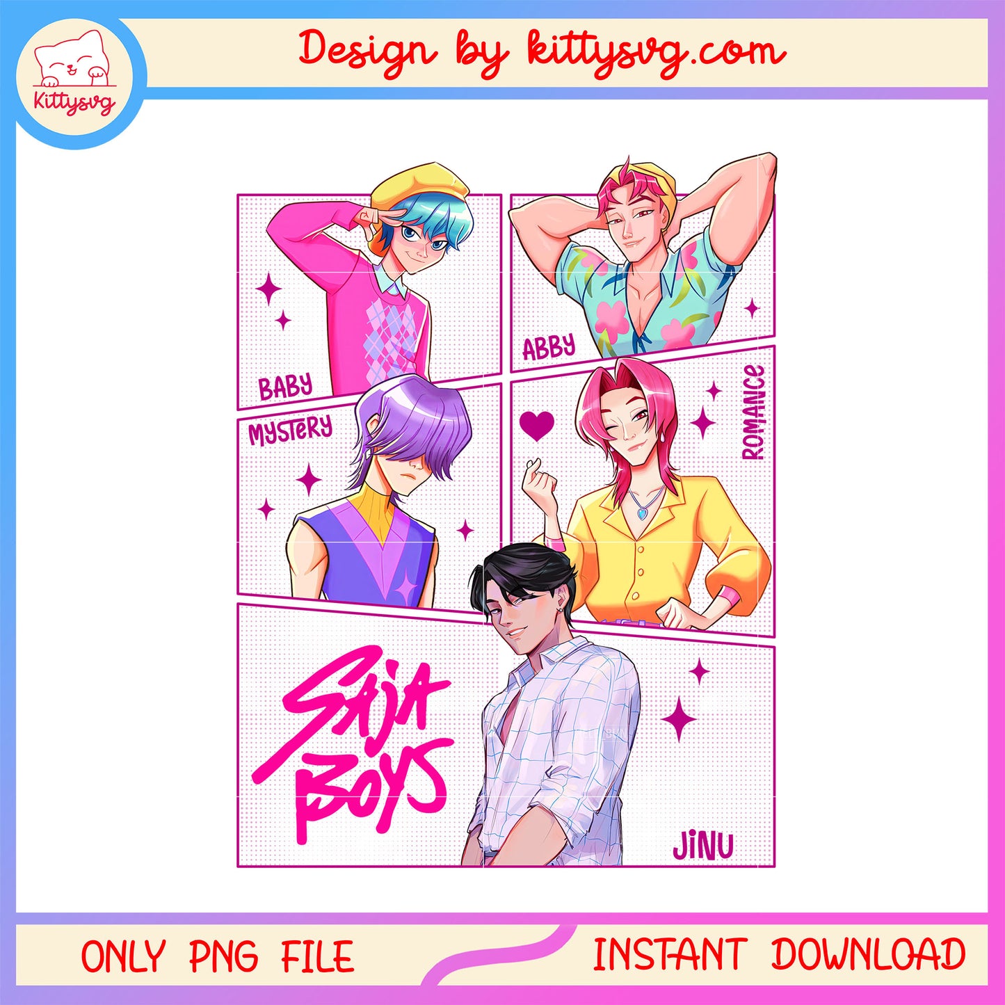 Saja boys characters design png, jinu and friends png, huntrix png