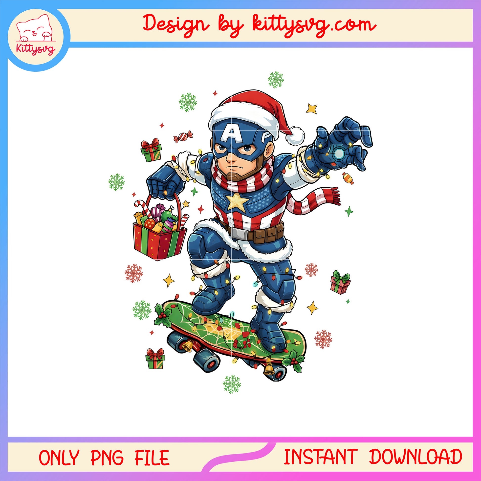Santa captain american skateboard gif box png, captain american png