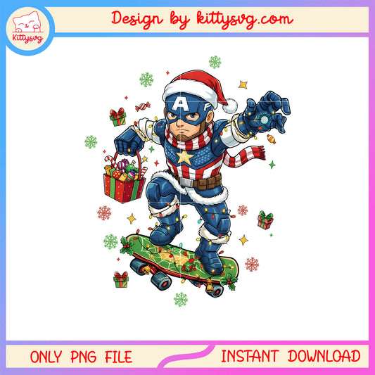 Santa captain american skateboard gif box png, captain american png