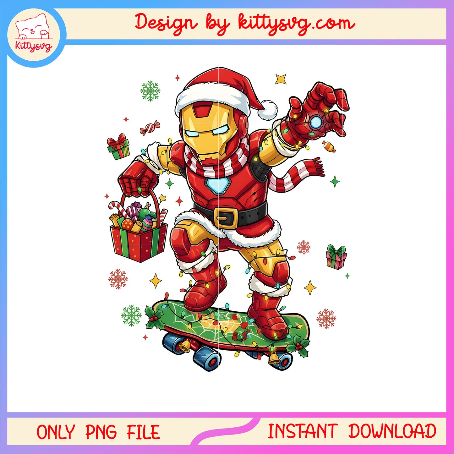 Santa iron man skateboard gif box png, ironman christmas png