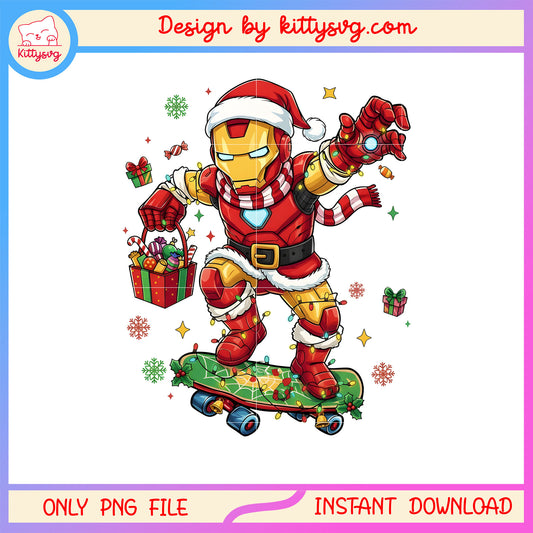 Santa iron man skateboard gif box png, ironman christmas png