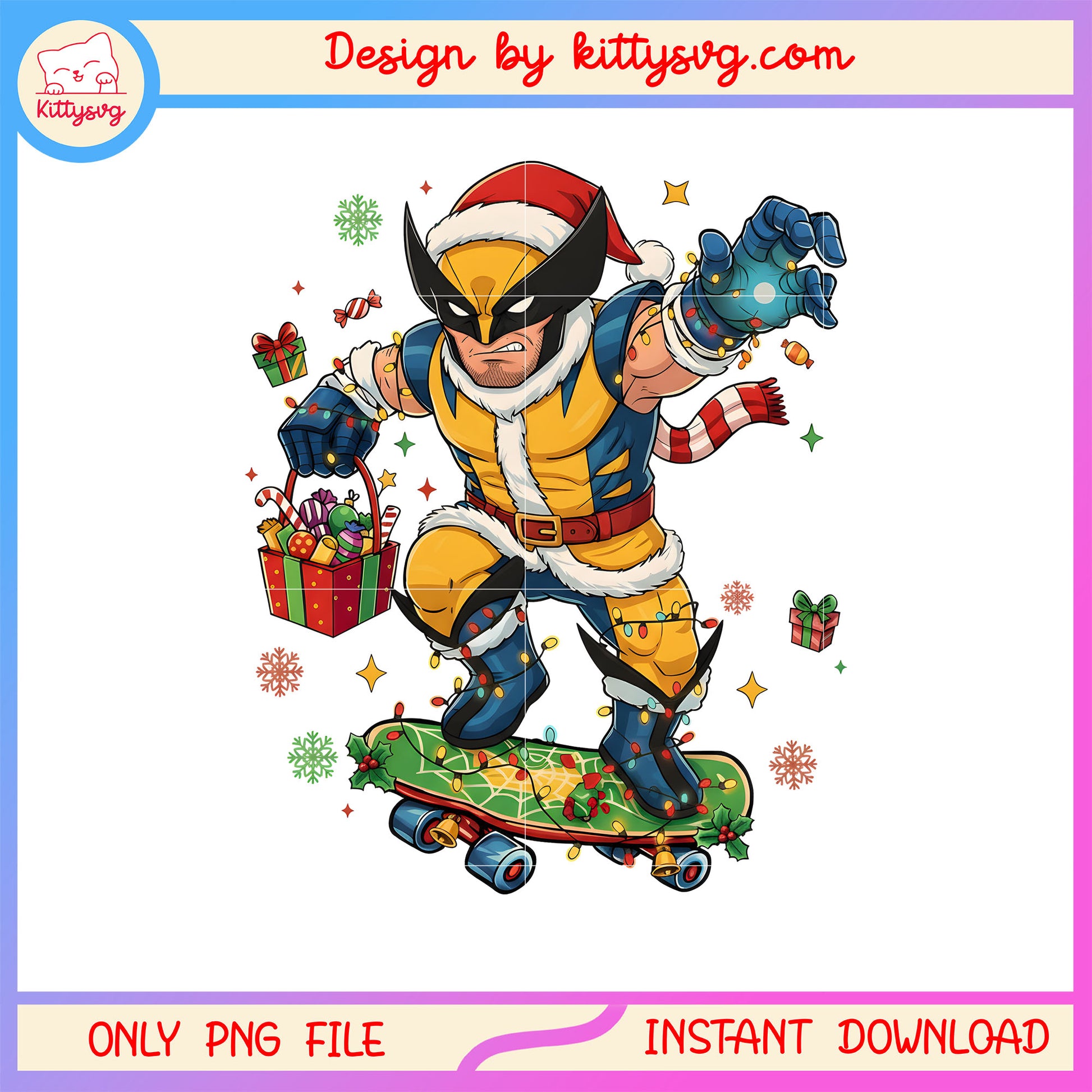 Santa wolverine skateboard christmas png, wolverine christmas png