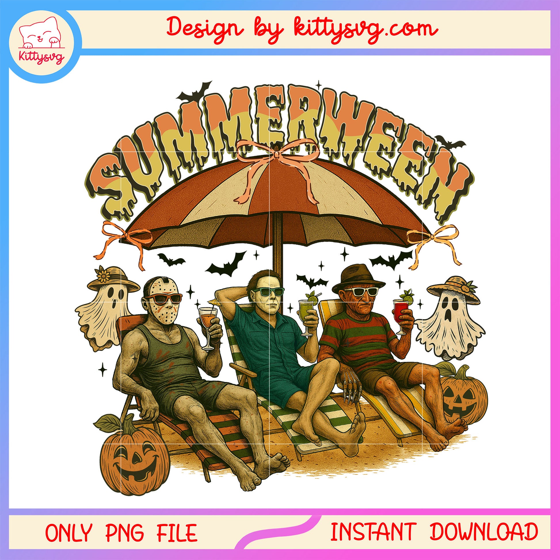 Scary characters sunbathe summerween png, horror summerween png