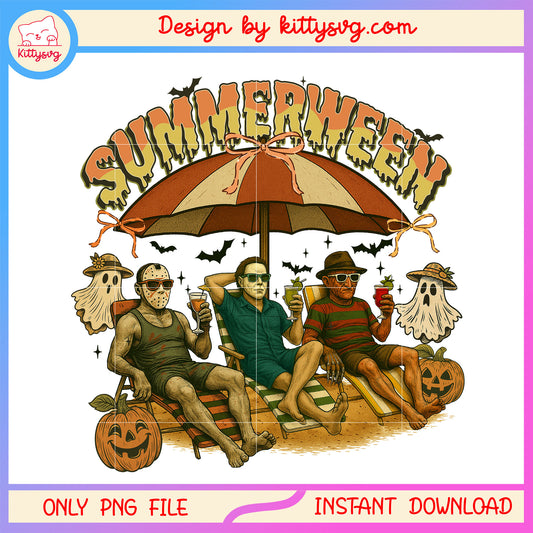 Scary characters sunbathe summerween png, horror summerween png