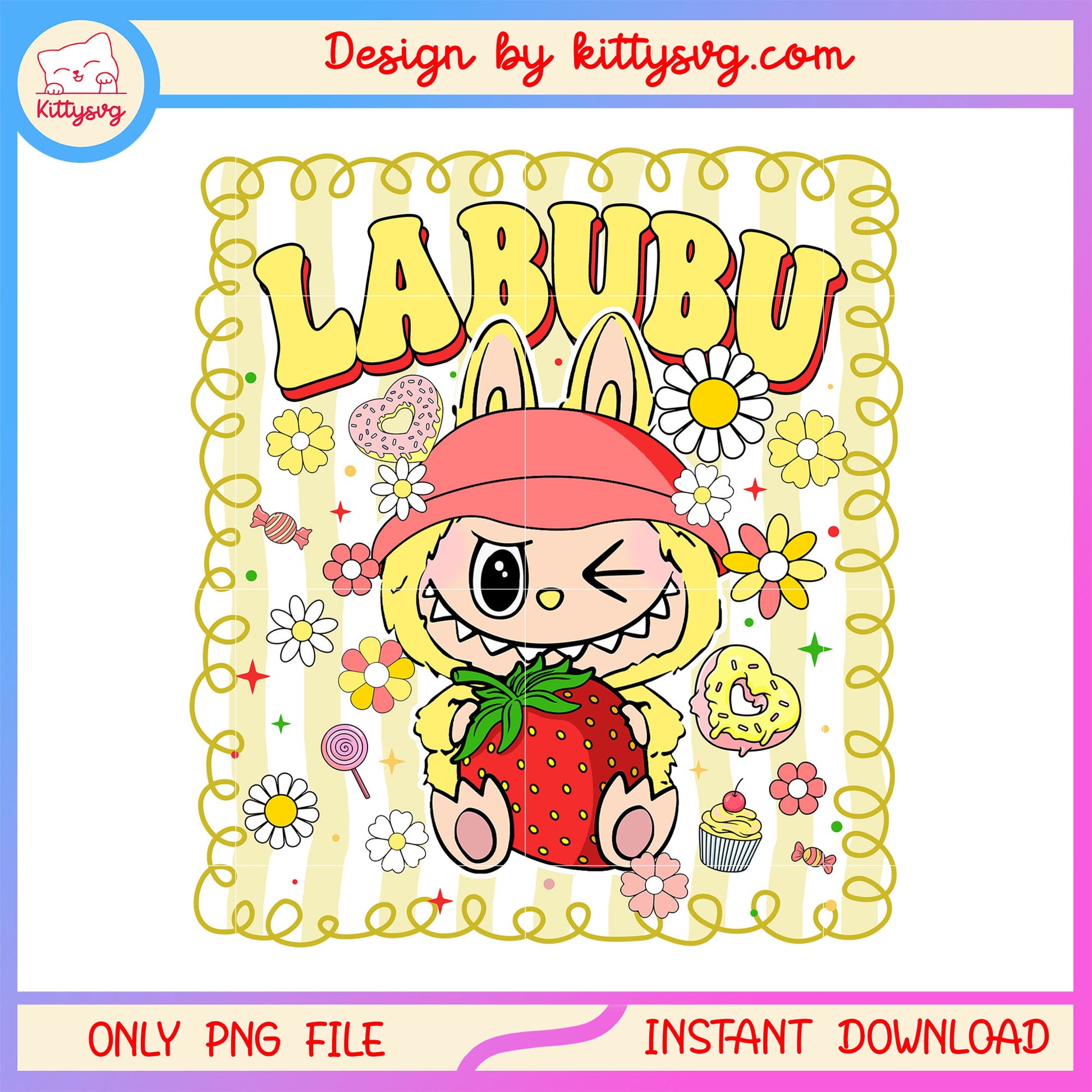 Sisi labubu doll character strawberry floral frame design png, labubu png