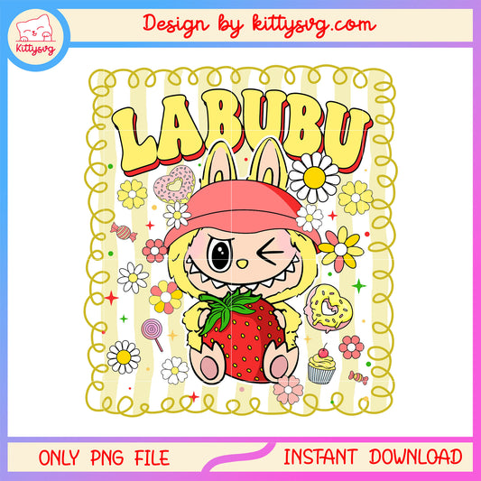 Sisi labubu doll character strawberry floral frame design png, labubu png
