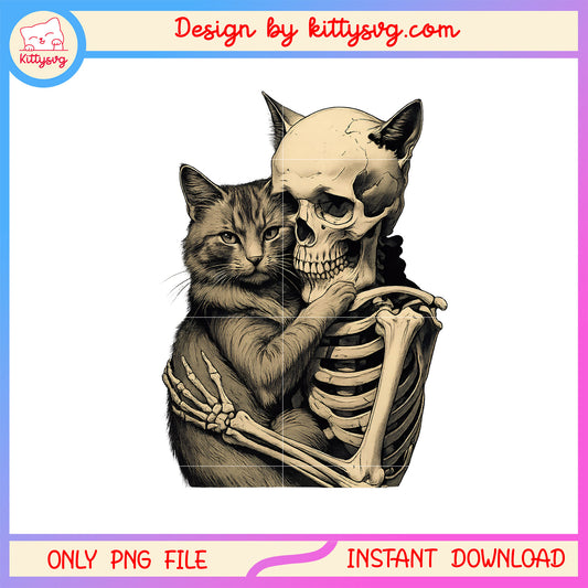 Skeleton hugging cat halloween design png, halloween skeleton​ png