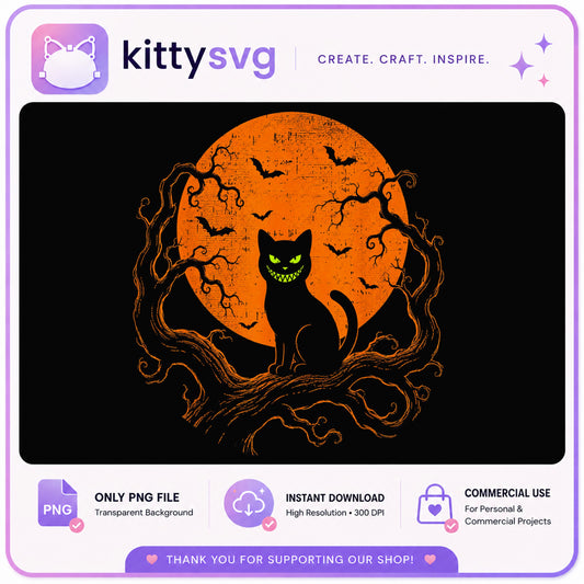 Spooky Black Cat Halloween PNG, Full Moon Cat PNG, Creepy Cat PNG
