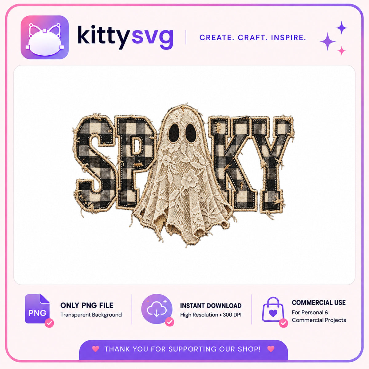 Spooky Ghost Halloween PNG, Buffalo Plaid Ghost PNG, Lace Ghost PNG