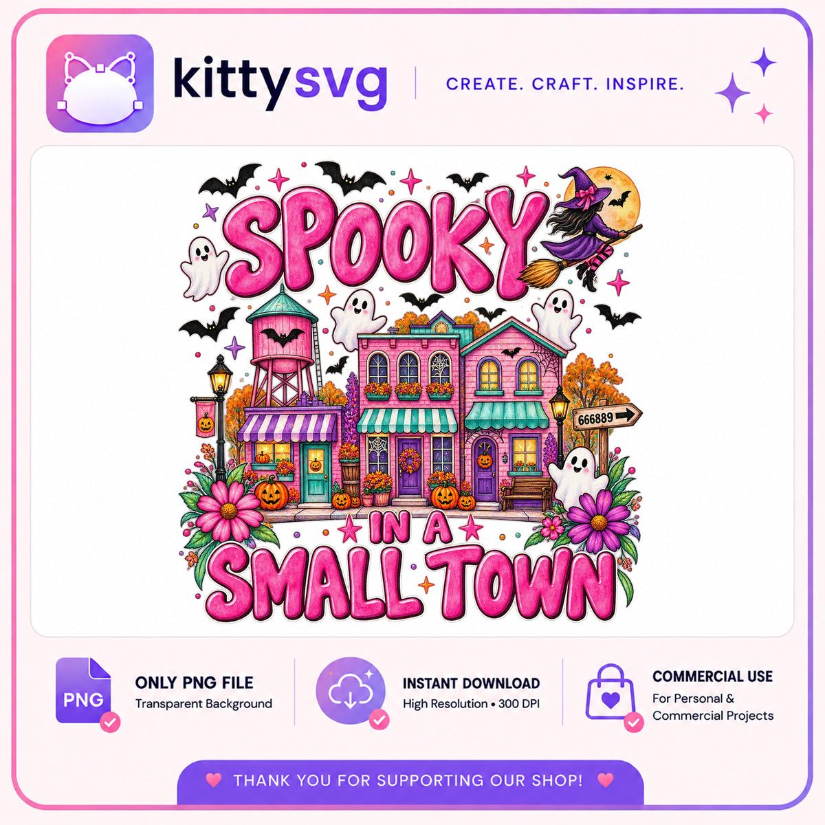 Spooky In A Small Town PNG, Halloween Ghost Witch PNG, Cute Halloween Town PNG
